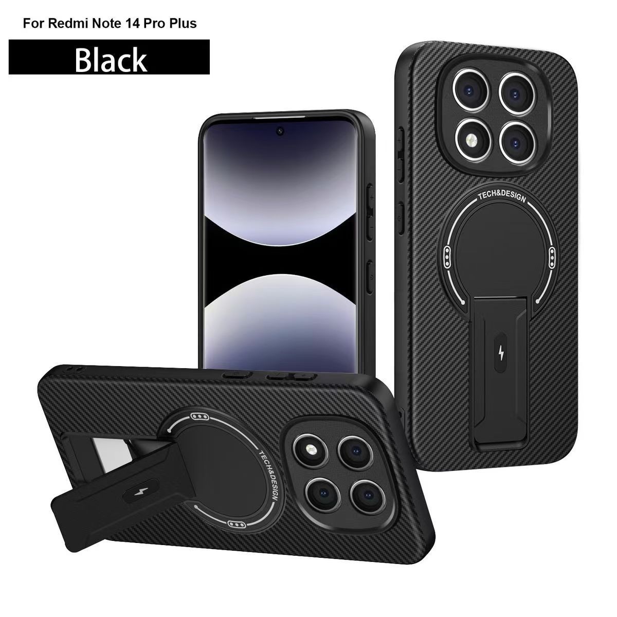 Magnetic Carbon Fiber Texture Hard Back shockproof Case for Xiaomi Redmi Note 14 Pro+/Plus 5G Stand Holder Wireless Charging Cover