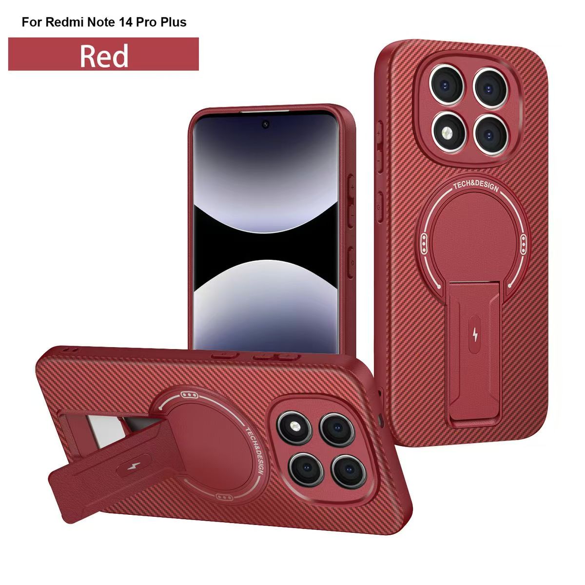 Magnetic Carbon Fiber Texture Hard Back shockproof Case for Xiaomi Redmi Note 14 Pro+/Plus 5G Stand Holder Wireless Charging Cover