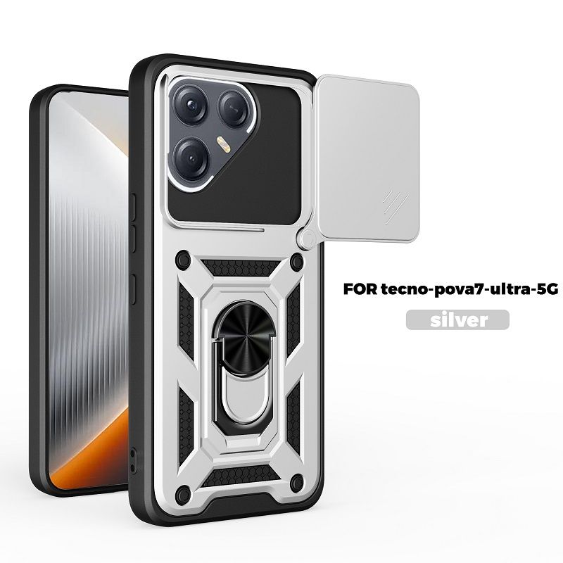 Luxury Slide Camera Lens Cover Case for Tecno Pova 7 Ultra, Vehicle Mounted Magnetic Kickstand Case