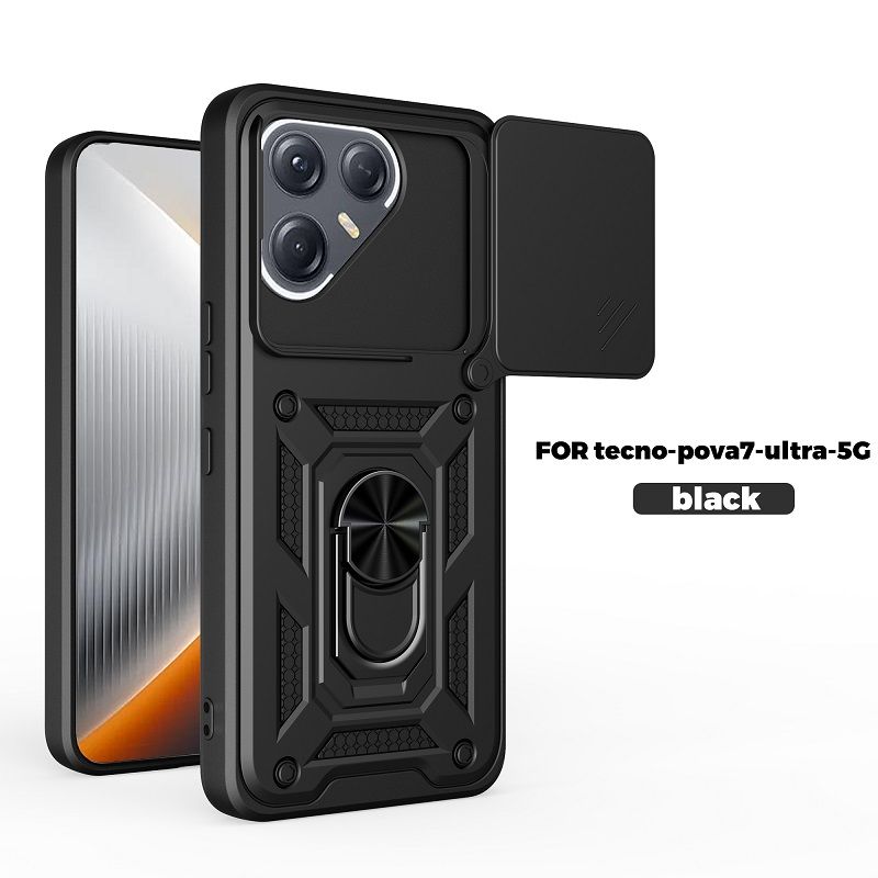 Luxury Slide Camera Lens Cover Case for Tecno Pova 7 Ultra, Vehicle Mounted Magnetic Kickstand Case