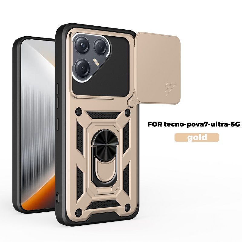 Luxury Slide Camera Lens Cover Case for Tecno Pova 7 Ultra, Vehicle Mounted Magnetic Kickstand Case