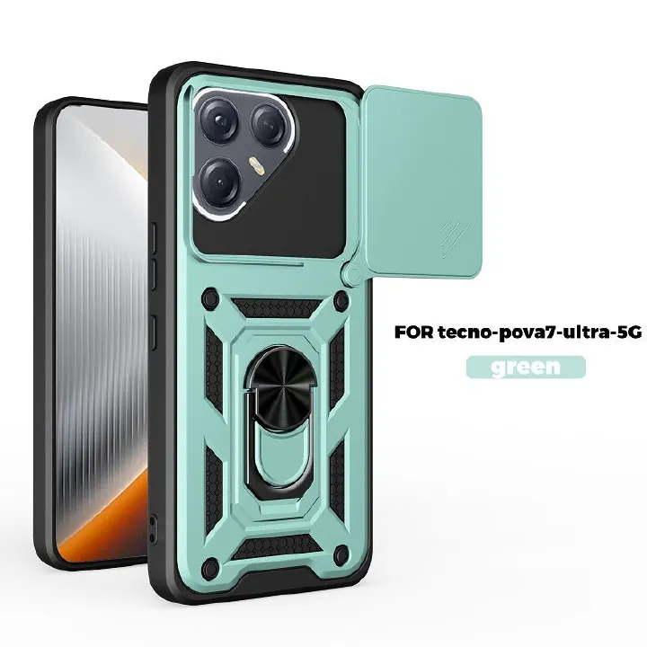 Luxury Slide Camera Lens Cover Case for Tecno Pova 7 Ultra, Vehicle Mounted Magnetic Kickstand Case