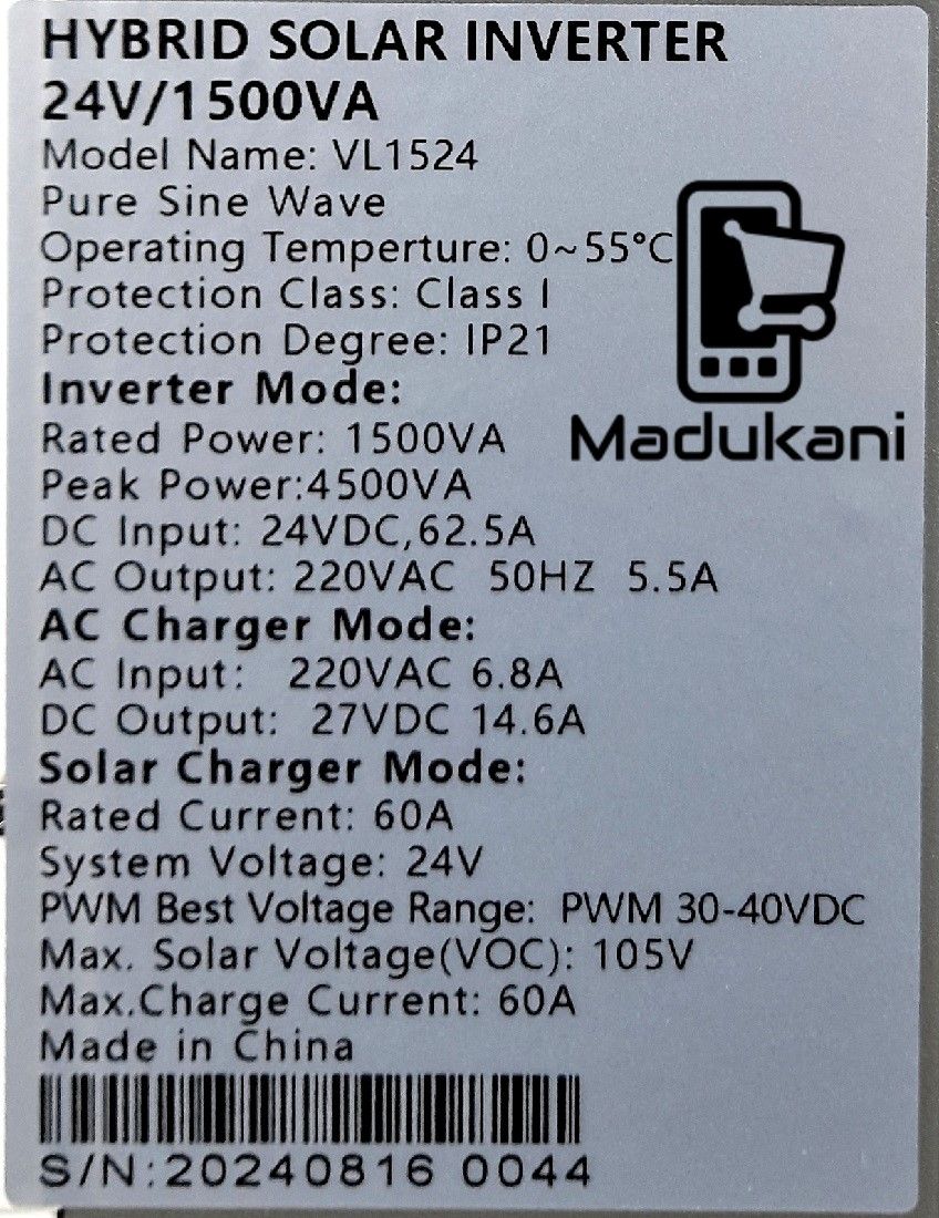 1500W 1.5KVA 24V DC to AC 230V Pure Sine Wave Hybrid Inverter Off-Grid Solar Inverter Charger