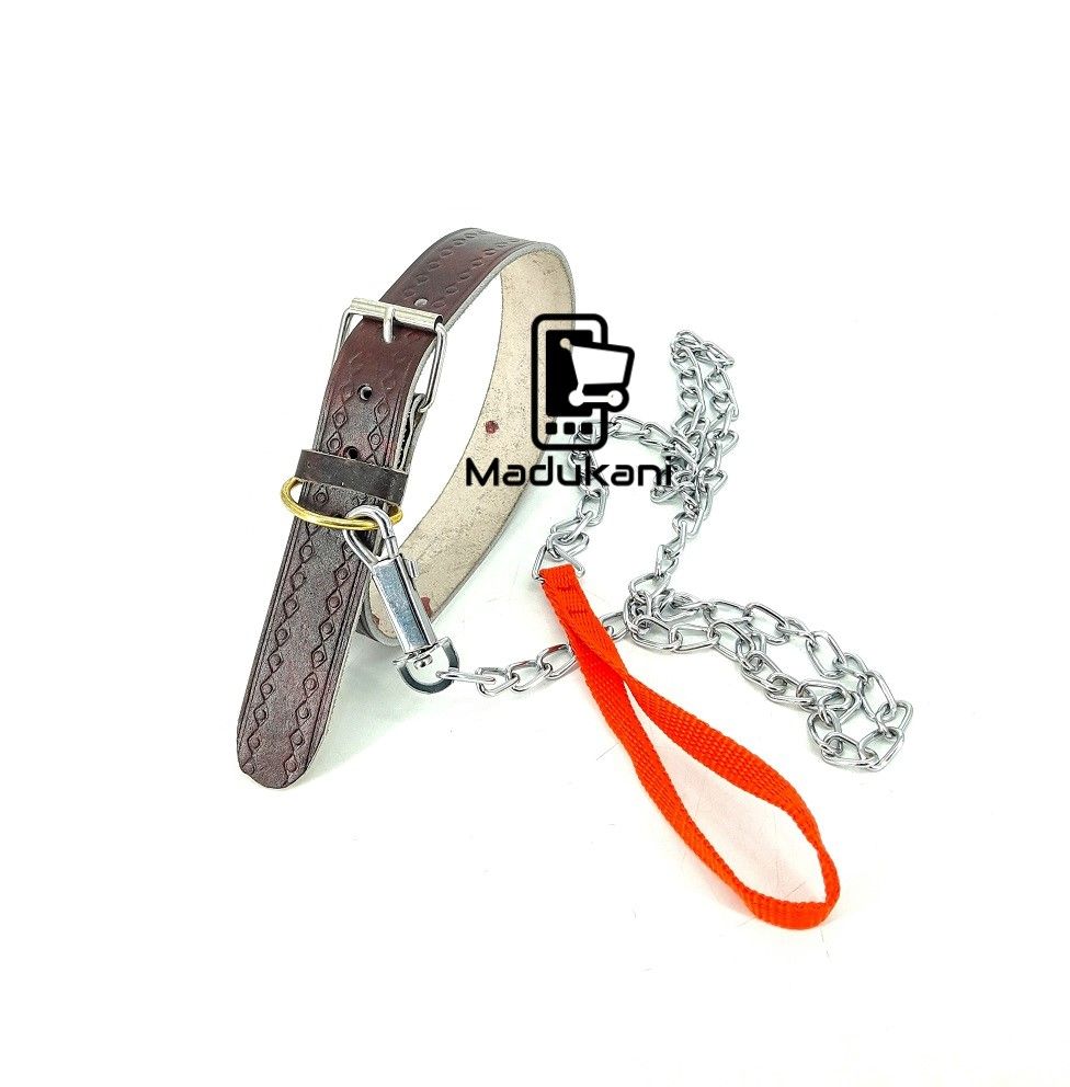 Genuine Leather Collar and 1.2m Chain Leash for Medium Size Dogs