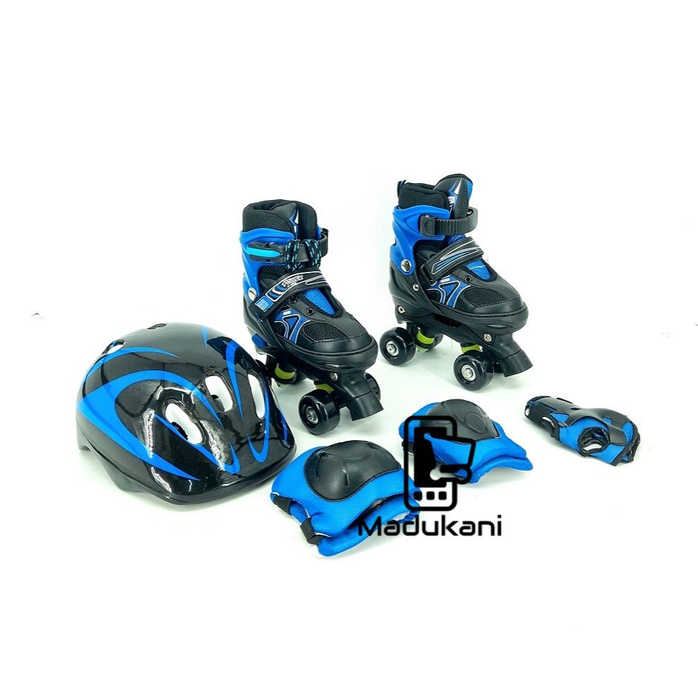 BLUE Size 28 to 31 Adjustable Kids Roller Skates Quad Skates and Safety Gear