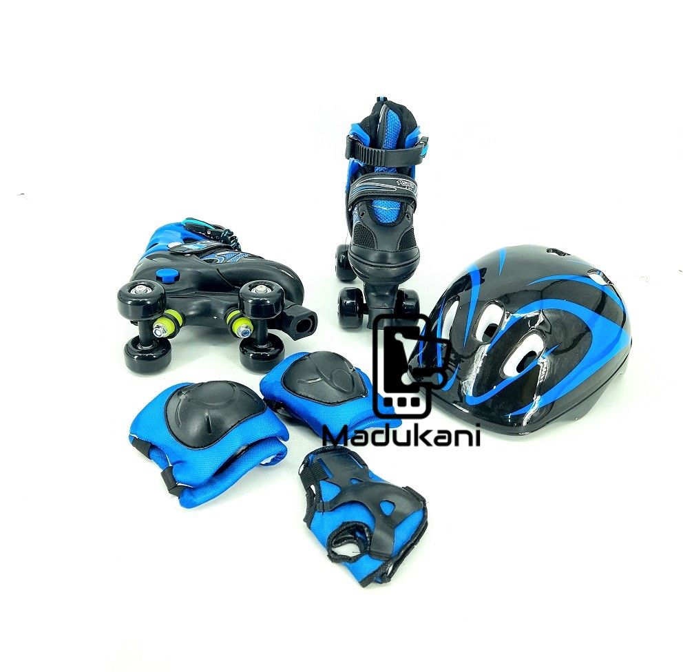 BLUE Size 28 to 31 Adjustable Kids Roller Skates Quad Skates and Safety Gear