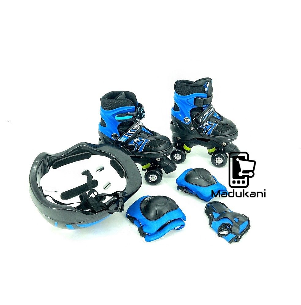 BLUE Size 28 to 31 Adjustable Kids Roller Skates Quad Skates and Safety Gear