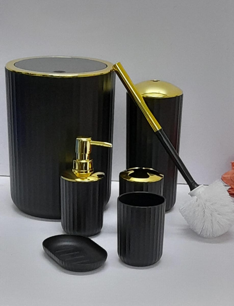 6 in 1 Bamboo set includes {Toothbrush holder, Soap dispenser, Toilet brush, Trash can....}