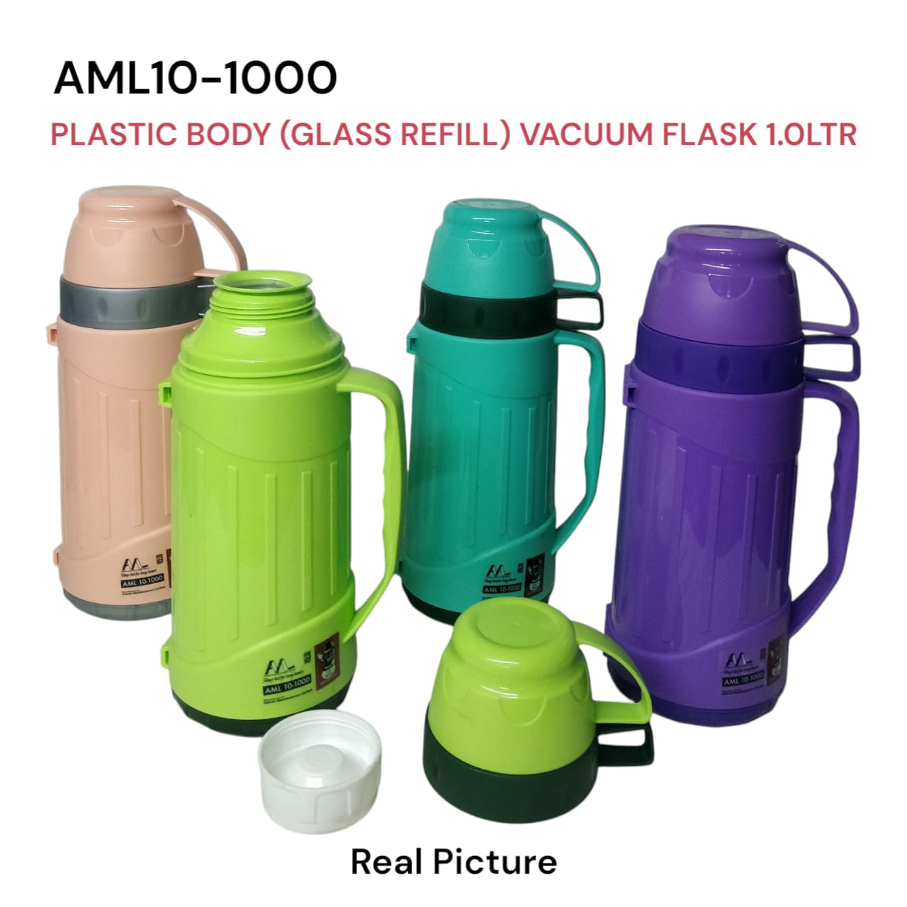 [ MAKES IT EASY AND SAVES COSTS 🤩🤩✨ !!! ]  1Pc Classy Brand New High Quality Stylish & Portable Aml10-1000ml Plastic Body Glass Refill Thermos Flask 1.0Ltr at Affordable Price