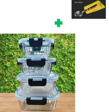 🤑🥑GRAB IT AT LOW PRICE+ ADDED OFFERS **🥑🌽 ] 4Pcs  Brand New Very Quality Durable & Portable  square Glass Bowl set 320ML/520ML/800ML/1200ML.. That Comes With a Free Set of  Spoons