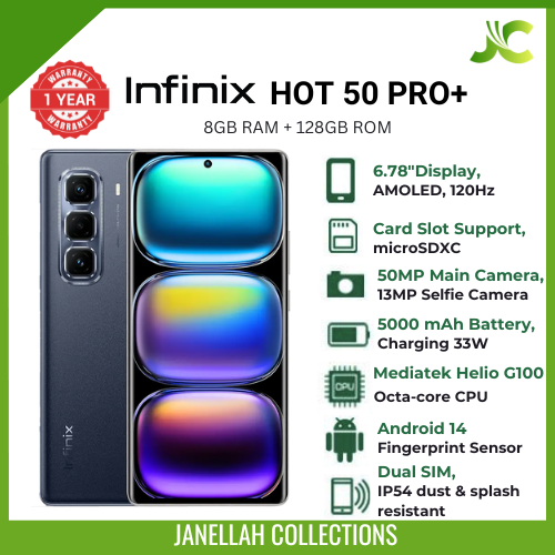 [Christmas Clearance Sale] Brand New Infinix Smartphone Infinix Hot 50 Pro+, Model No.X6880,6.78-inch 3D curved AMOLED display,8GB RAM,128GB ROM,50MP main camera,13MP front camera,5000mAh