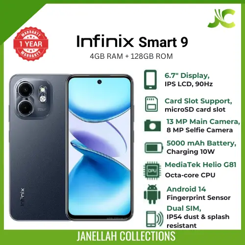 (Clearance Offer)Infinix Brand New Smartphone Smart 9 HD X6532C 128GB ROM,4GB RAM,13MP rear camera, 8MP Front camera,5000 mAh, non-removable battery,Android 14 (Go edition) with XOS 14