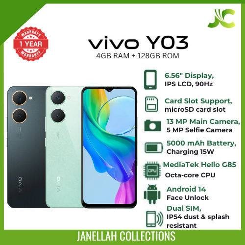 (Clearance Offer)Brand New Smartphone Vivo Y03, 6.56-inch IPS LCD, 4GB RAM, 128GB ROM,13MP main camera,5MP selfie camera,5000mAh non-removable battery, Android 14 with Funtouch OS 14