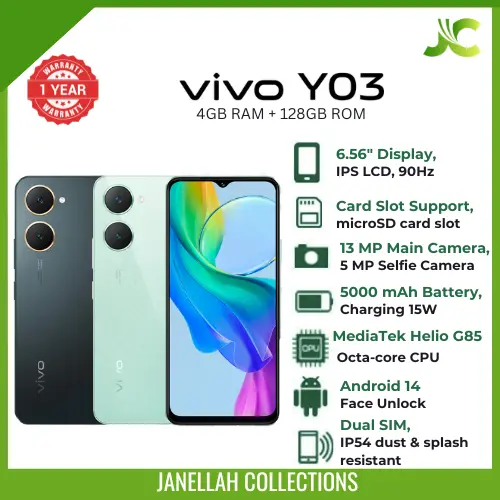 (Clearance Offer)Brand New Smartphone Vivo Y03, 6.56-inch IPS LCD, 4GB RAM, 128GB ROM,13MP main camera,5MP selfie camera,5000mAh non-removable battery, Android 14 with Funtouch OS 14