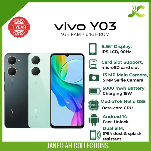 (Clearance Offer)Brand New Smartphone Vivo Y03, 6.56-inch IPS LCD, 4GB RAM, 64GB ROM,13MP main camera,5MP selfie camera,5000mAh non-removable battery, Android 14 with Funtouch OS 14