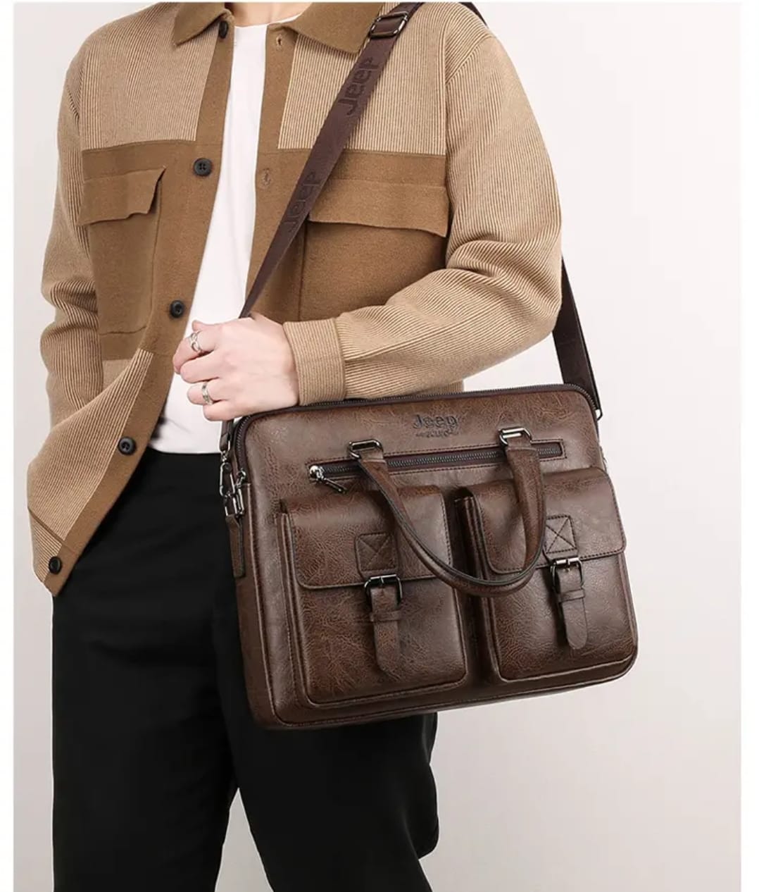 JEEP LEATHER BUSINESS EXECUTIVED BRIEFCASE MEN`S  OFFICE B AG WITH LAPTOP COMPARTMENT  FOR DAILY TRAVEL