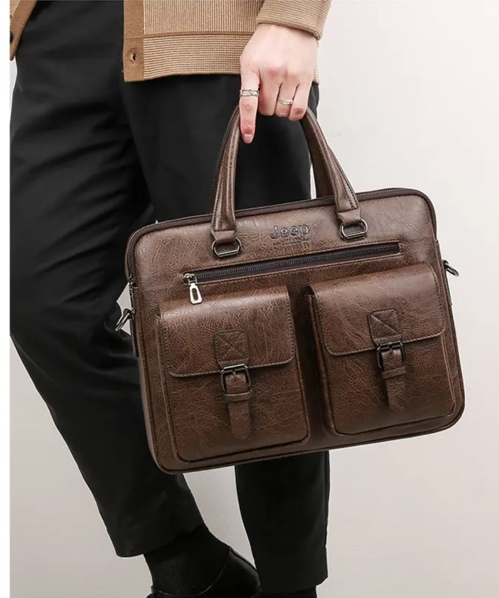 JEEP LEATHER BUSINESS EXECUTIVED BRIEFCASE MEN`S  OFFICE B AG WITH LAPTOP COMPARTMENT  FOR DAILY TRAVEL