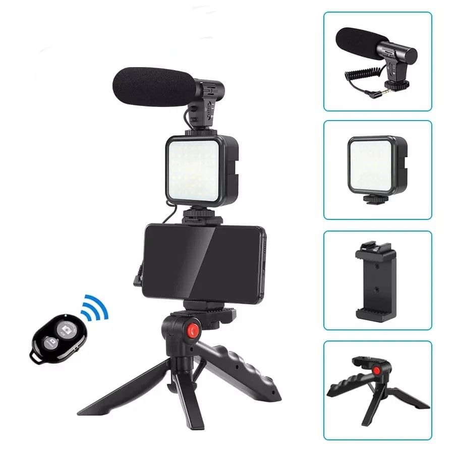 Camera Video Recording Vlogging Kit for Video Making, Mic, Mini Tripod Stand, LED Light & Phone Holder Clip for Making Videos Podcasting