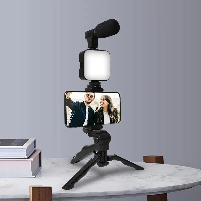 Camera Video Recording Vlogging Kit for Video Making, Mic, Mini Tripod Stand, LED Light & Phone Holder Clip for Making Videos Podcasting