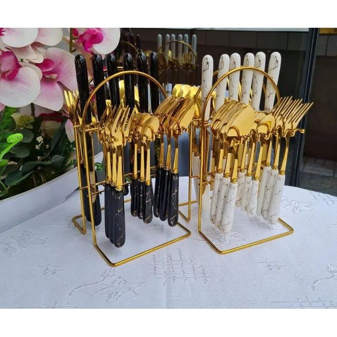 24pcs Luxurious Gold Fork Spoon Knife Cutlery Set kitchen accessoriesFor dining table spoon set Adorable and nice looking product Stainless steel rust free material Easy to cleanvery modern