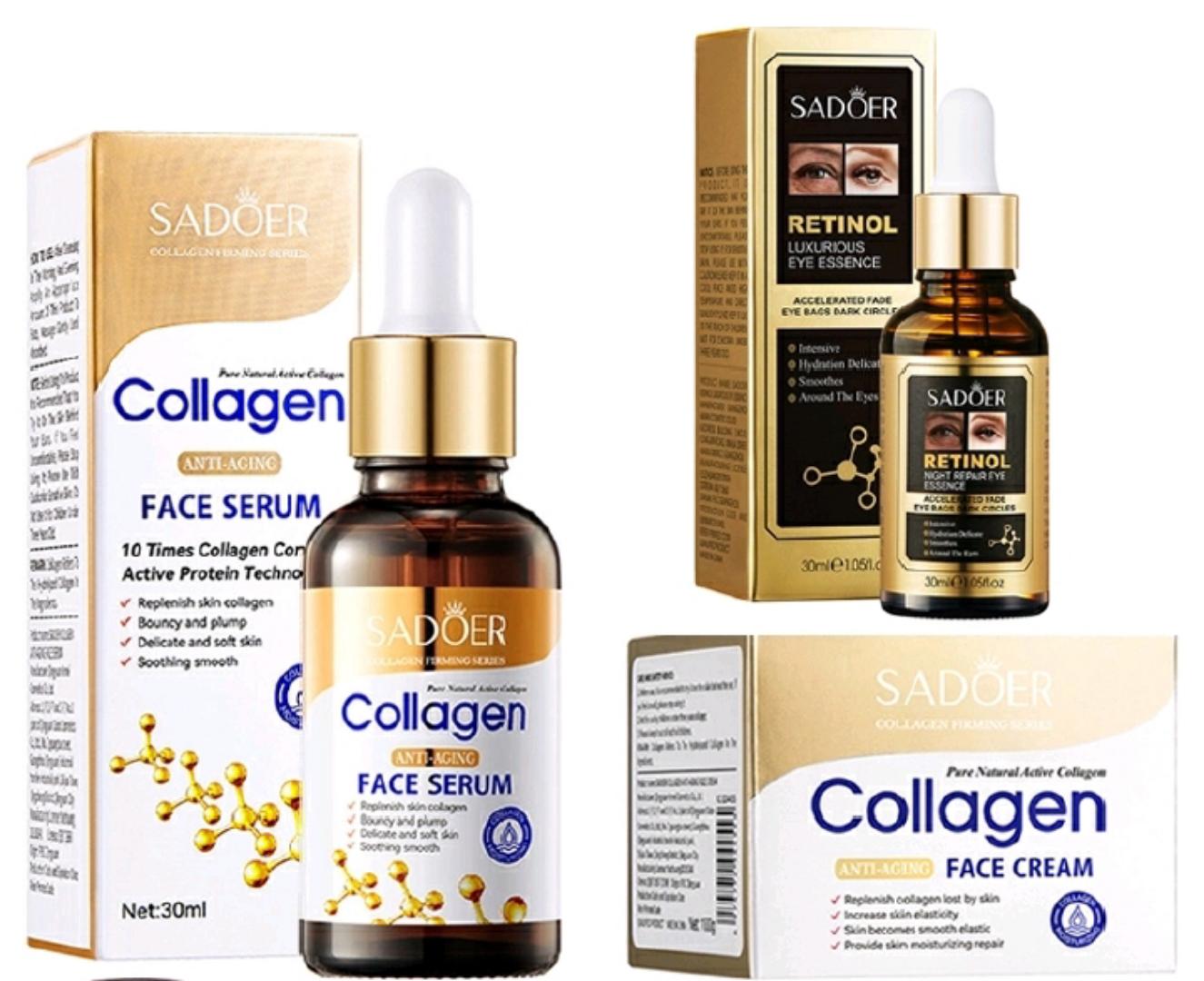 SADOER 3 in 1 Collagen Serum + Retinol Serum Eye Essence + Collagen Cream , Anti Aging, Face Moisturizer, Anti Wrinkles anti Eye Puffiness, Fade Eye Dark Circles and Eye Bags