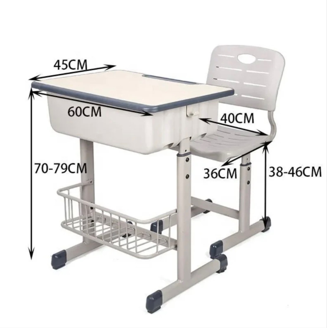 Adjustable Student Desk and Chair Set with Storage Basket and Ergonomic Backrest