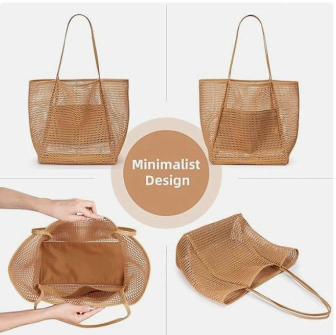 Foldable beach bag, mesh tote bag, women's shoulder bag, summer outdoor travel bag