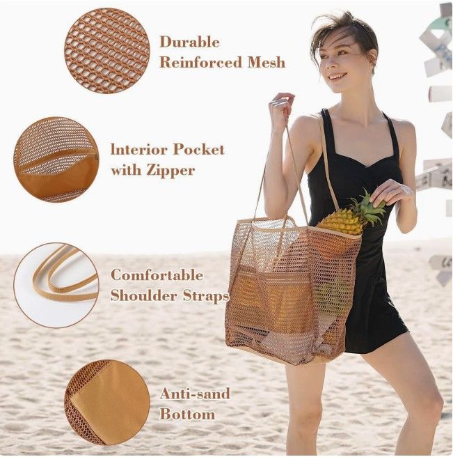 Foldable beach bag, mesh tote bag, women's shoulder bag, summer outdoor travel bag
