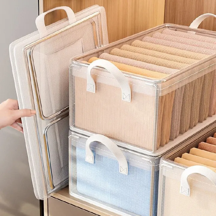 Set of  2PCS Transparent Pvc Storage Basket, Foldable Handle, Organizer Box, Suitable For Home Use, Bedroom, Wardrobe, And Underwear Storage.