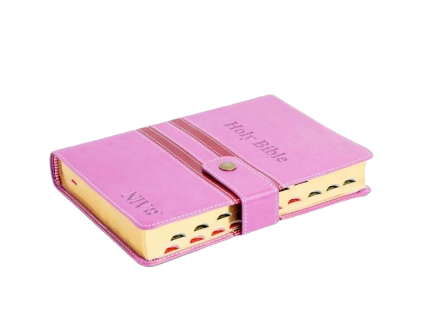 NIV PRESS BUTTON, HOLY BIBLE PINK, NEW INTERNATIONAL VERSION BIBLE, LEATHER COVER BIBLE, THUMB INDEX BIBLE, DUOTONE BIBLE