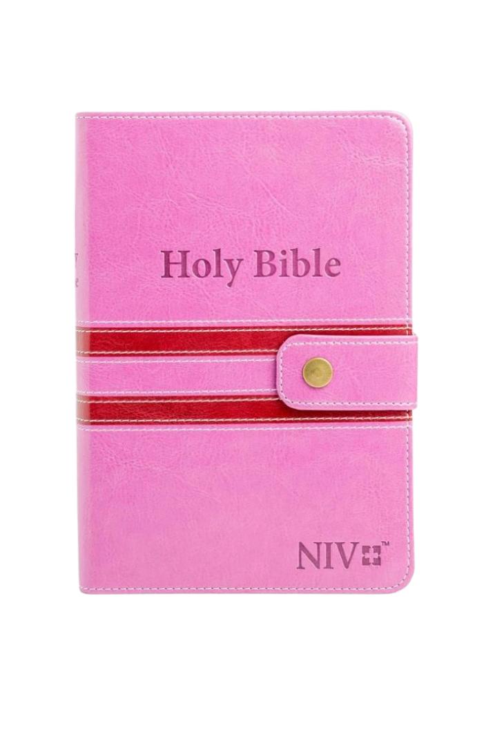 NIV PRESS BUTTON, HOLY BIBLE PINK, NEW INTERNATIONAL VERSION BIBLE, LEATHER COVER BIBLE, THUMB INDEX BIBLE, DUOTONE BIBLE