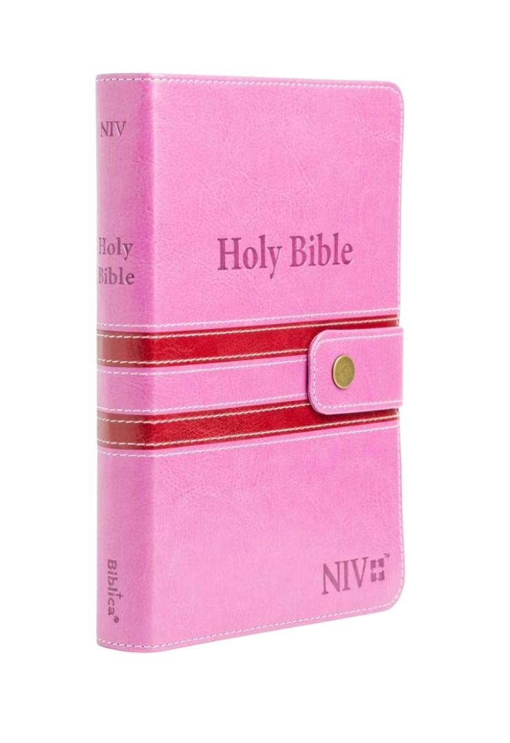 NIV PRESS BUTTON, HOLY BIBLE PINK, NEW INTERNATIONAL VERSION BIBLE, LEATHER COVER BIBLE, THUMB INDEX BIBLE, DUOTONE BIBLE