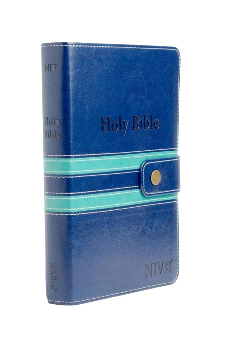 NIV PRESS BUTTON, HOLY BIBLE, NEW INTERNATIONAL VERSION BIBLE, LEATHER COVER BIBLE BLUE, THUMB INDEX BIBLE, DUOTONE BIBLE
