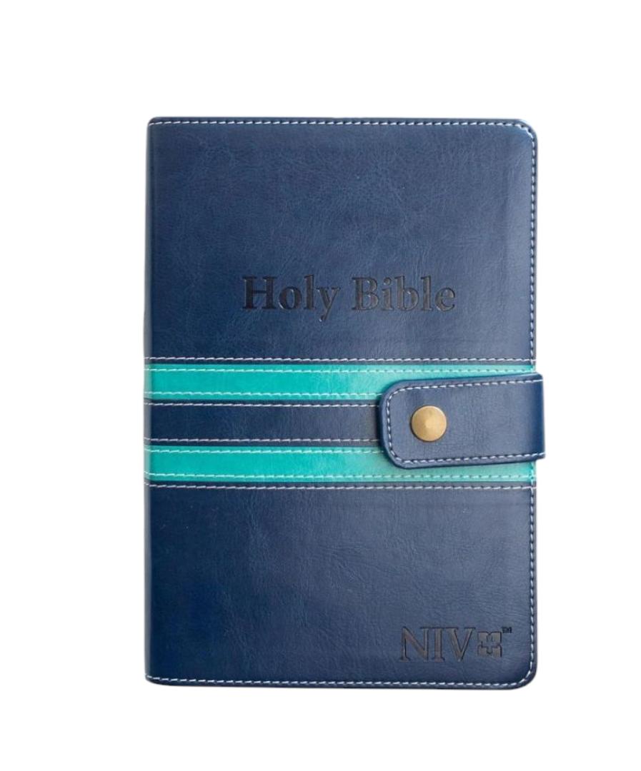 NIV PRESS BUTTON, HOLY BIBLE, NEW INTERNATIONAL VERSION BIBLE, LEATHER COVER BIBLE BLUE, THUMB INDEX BIBLE, DUOTONE BIBLE