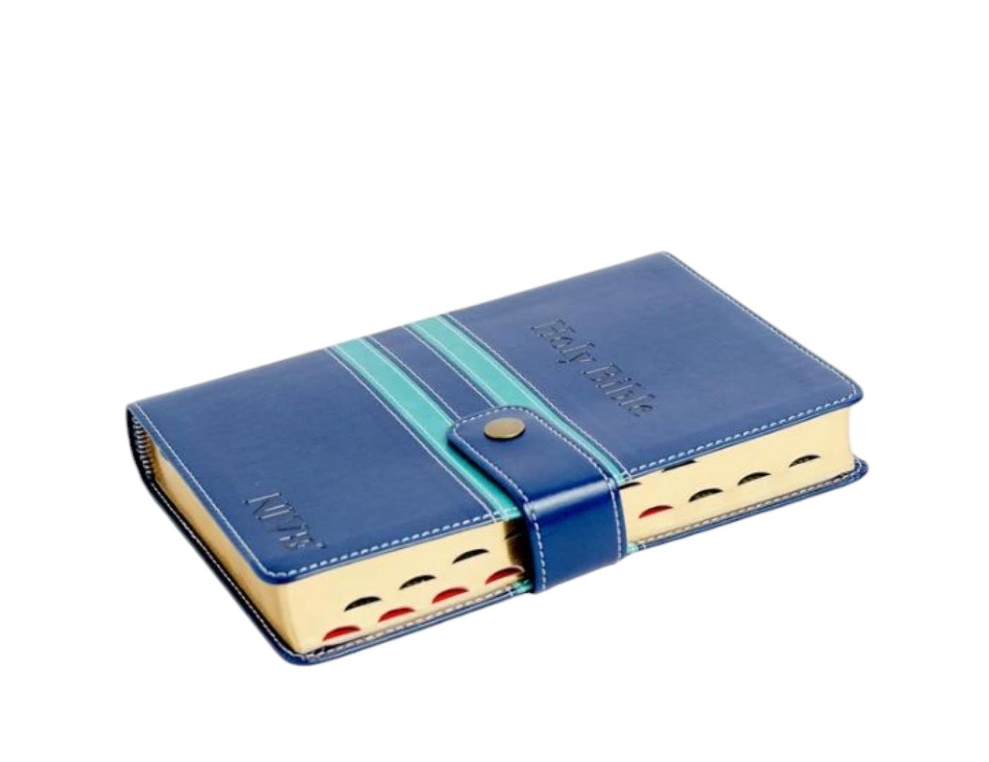 NIV PRESS BUTTON, HOLY BIBLE, NEW INTERNATIONAL VERSION BIBLE, LEATHER COVER BIBLE BLUE, THUMB INDEX BIBLE, DUOTONE BIBLE