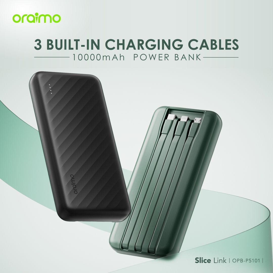 Oraimo Slice Link 10000mAh 12W Fast Charge 3 in 1 Portable Power Bank with Built-in Lightning & Type-C & Micro USB Cable  Model: OPB-P5101