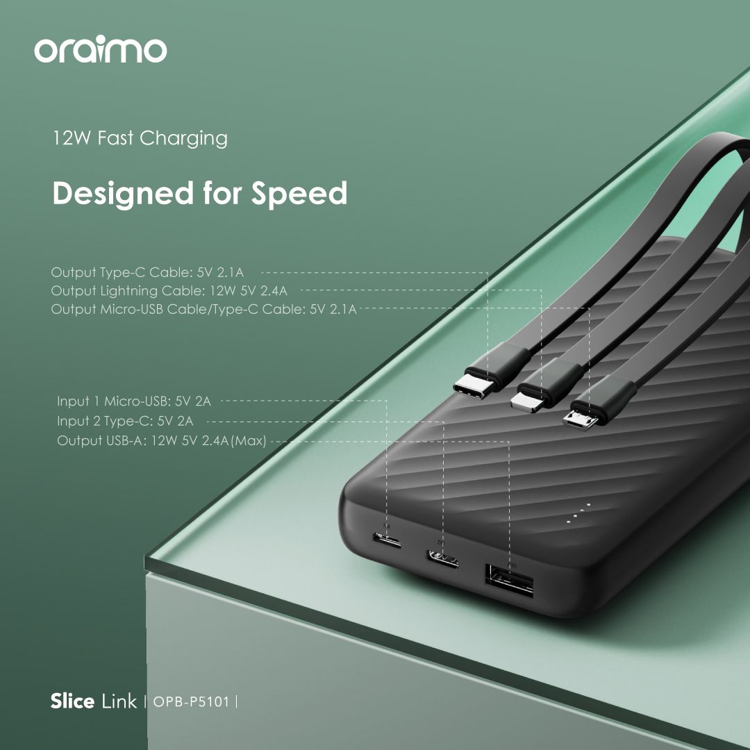 Oraimo Slice Link 10000mAh 12W Fast Charge 3 in 1 Portable Power Bank with Built-in Lightning & Type-C & Micro USB Cable  Model: OPB-P5101