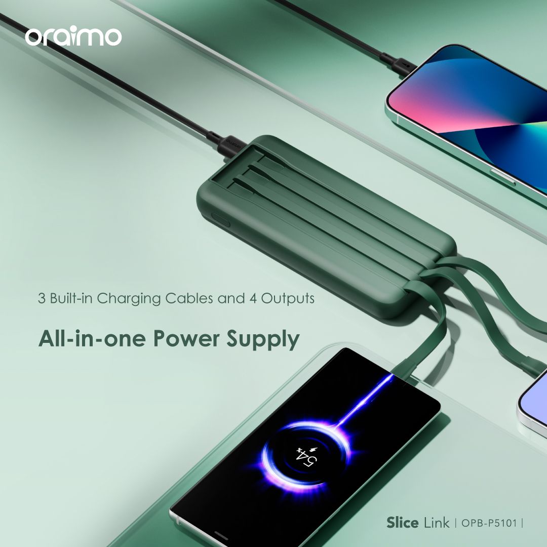 Oraimo Slice Link 10000mAh 12W Fast Charge 3 in 1 Portable Power Bank with Built-in Lightning & Type-C & Micro USB Cable  Model: OPB-P5101