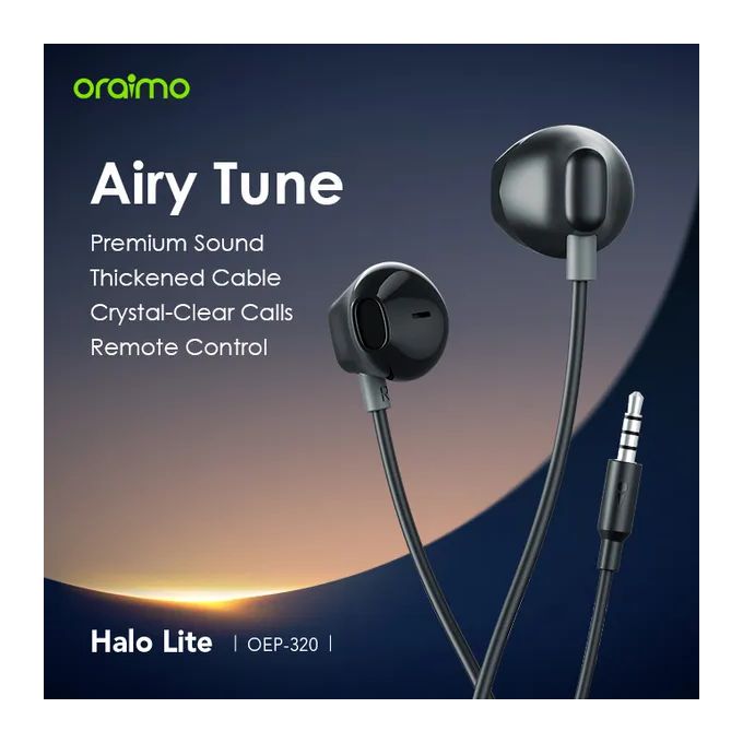 (SPECIAL OFFER)Oraimo Halo Lite Wired Earphones with High-Quality Sound, Inline Microphone, Durable Build, and Wide Compatibility for Smartphones, Laptops And Has a Length of 1.2M