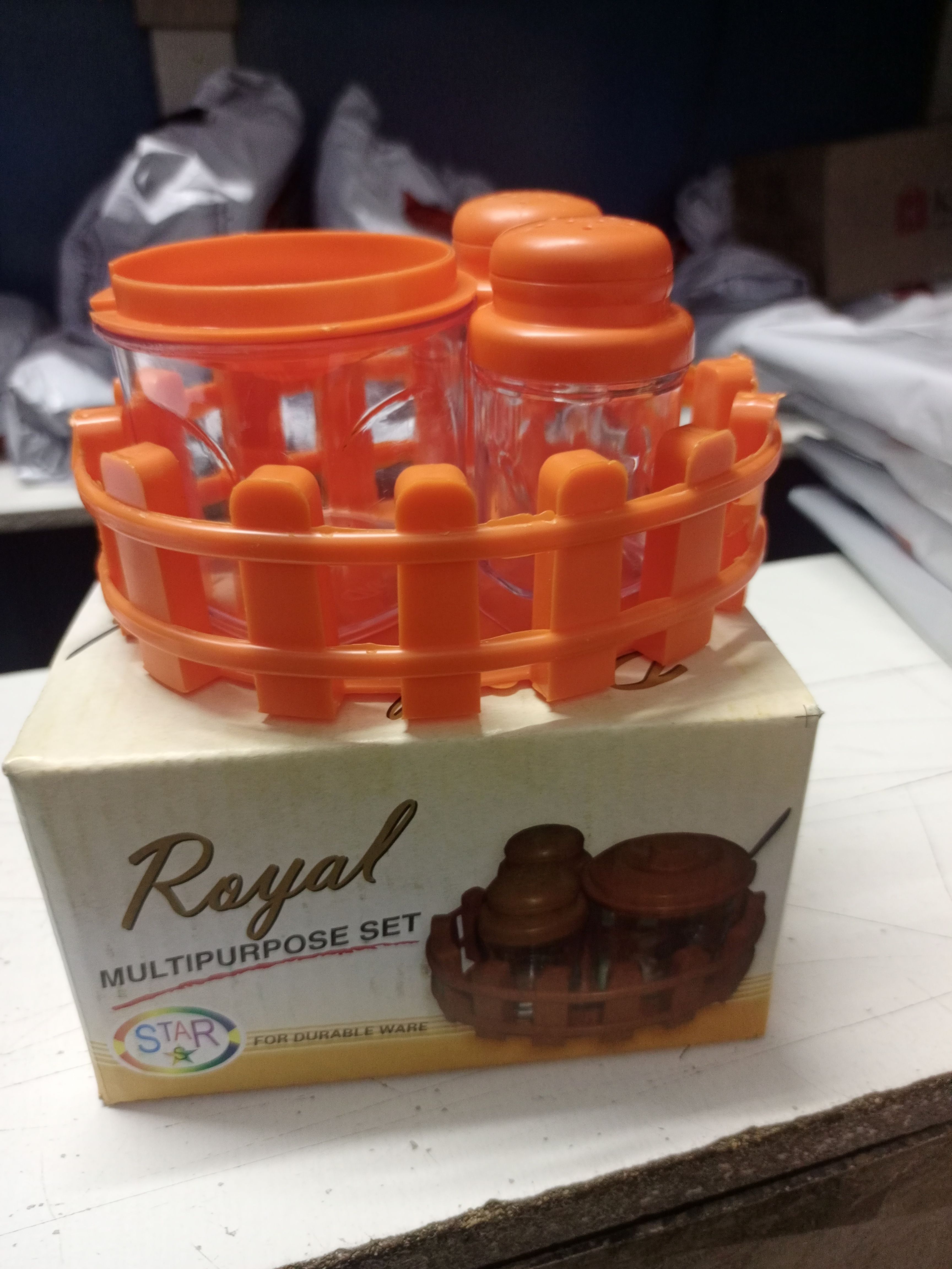 [SPECIAL OFFER]Star Royal Multipurpose set 3pcs,it comes with two clear plastic Salt and Pepper shakers and 1 pcs plastic clear Sugar Dish with steel spoon and with holder to move around easy