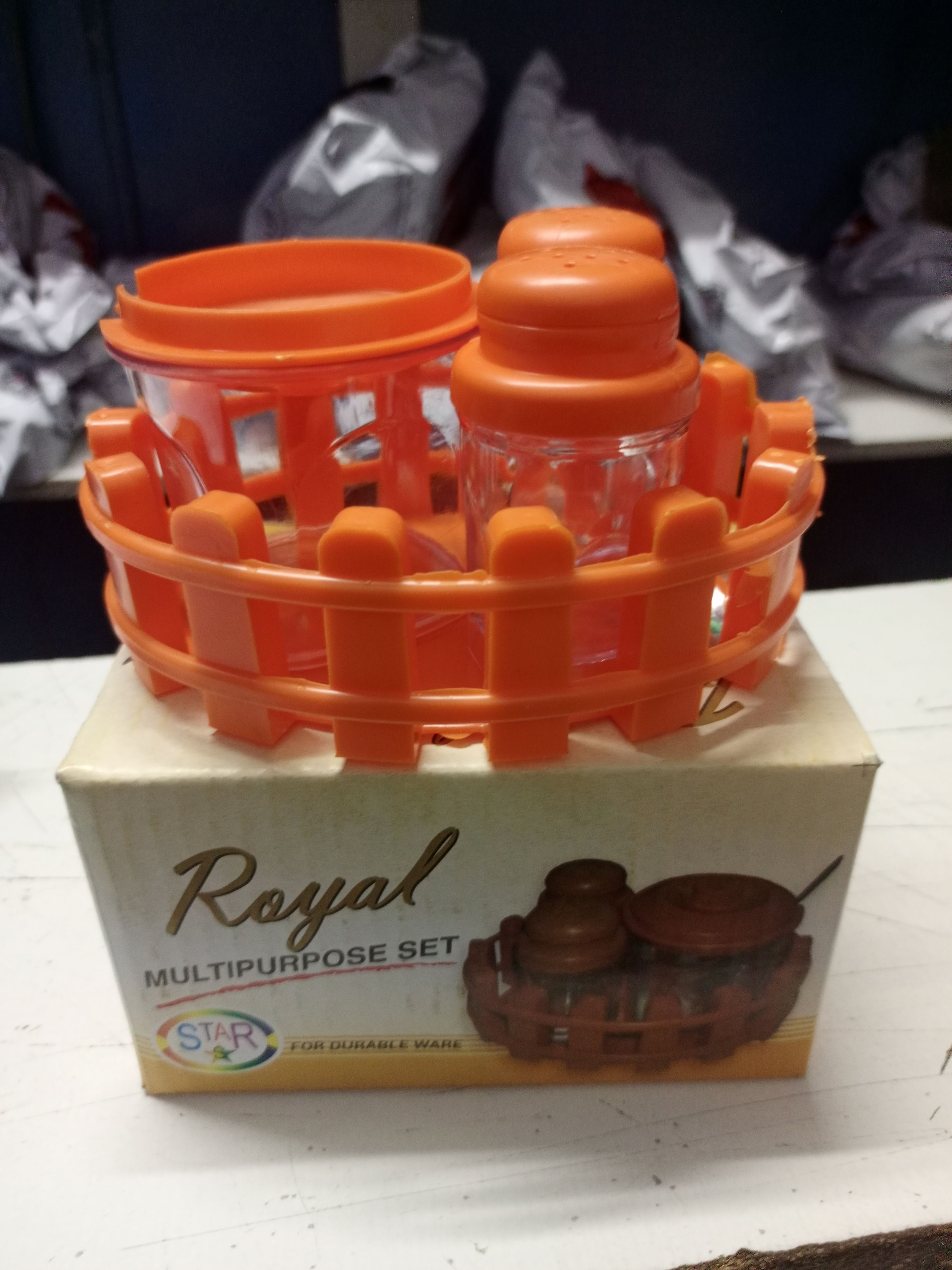 [SPECIAL OFFER]Star Royal Multipurpose set 3pcs,it comes with two clear plastic Salt and Pepper shakers and 1 pcs plastic clear Sugar Dish with steel spoon and with holder to move around easy