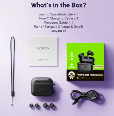 NEW ALERT!!! ORAIMO SPACEBUD LITE OTW-324 Up To 40hrs Long Playtime New lite series pods with sound 360 spatial audio and anti lost Lanyard Havy Bass Input: Type-C And Bluetooth Version: V5.4