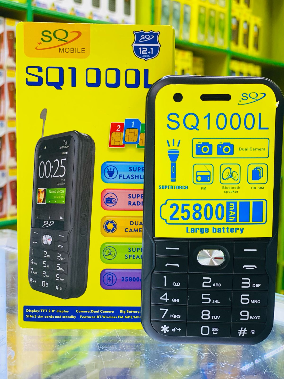 SQ 1000L Feature Phone ,Screen display 2.8''With inbuild Powerbank , 25800mAh Battery BT Music Property,Dual Camera Kabambe Triple SIM Cards and Wireless FM Radio