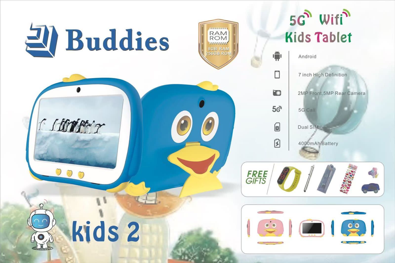 PROMOTION!!BUDDIES KIDS 2 STUDY 5G WIFI TABLETS RAM 8GB,ROM 256GB With BOTH SIM CARD SLOT AND MEMORY CARD SLOT, 2MP FRONTCAMERA,5MP REAR CAMERA  AND 7''SCREEN DISPLAY