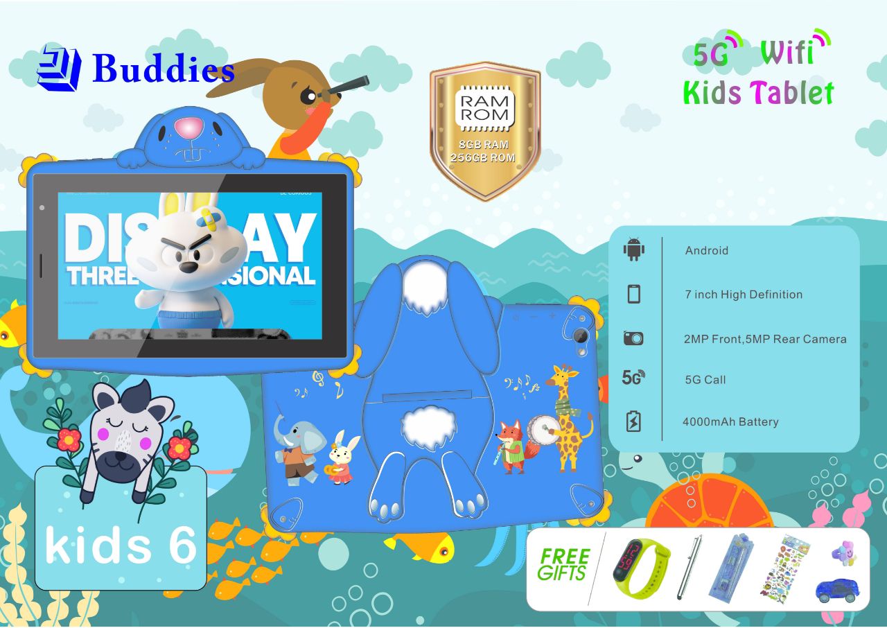 PROMOTION!!BUDDIES KIDS 6 STUDY 5G WIFI TABLETS RAM 8GB,ROM 256GB With BOTH SIM CARD SLOT AND MEMORY CARD SLOT, 2MP FRONTCAMERA,5MP REAR CAMERA  AND 7''SCREEN DISPLAY