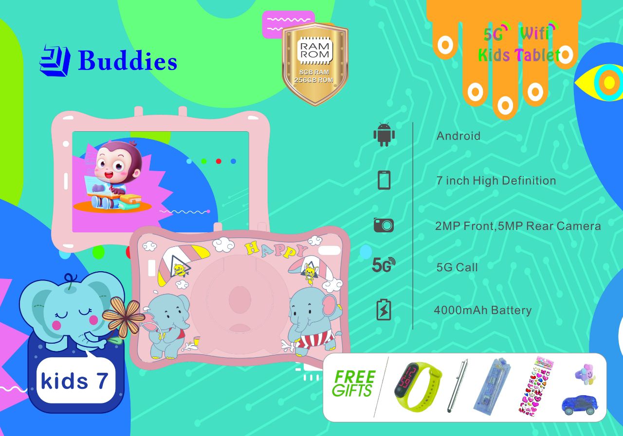 OFFER!!BUDDIES KIDS 7 STUDY 5G WIFI TABLETS RAM 8GB,ROM 256GB With BOTH SIM CARD SLOT AND MEMORY CARD SLOT, 2MP FRONTCAMERA,5MP REAR CAMERA  AND 7''SCREEN DISPLAY