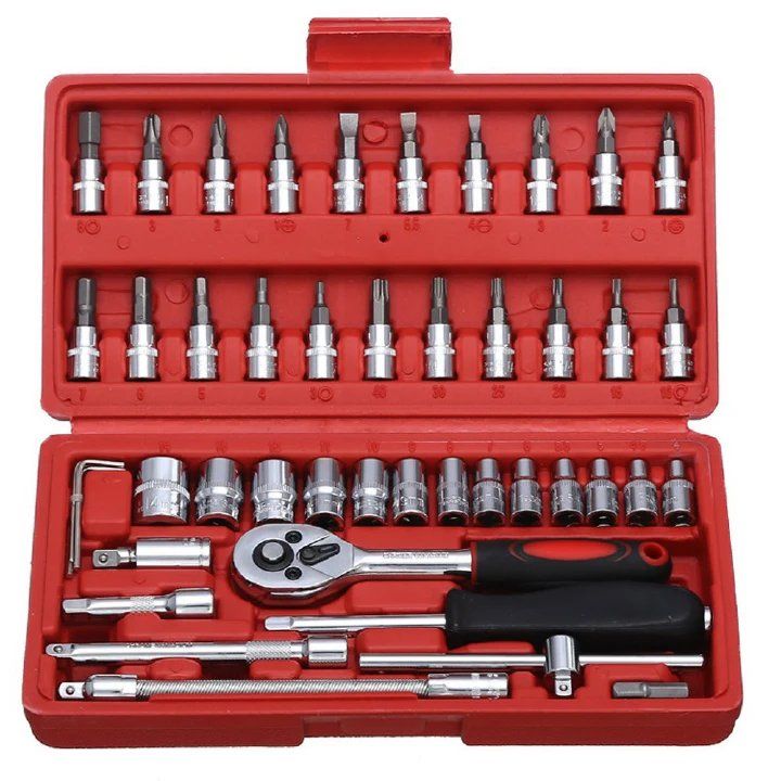 46 PCS Car Hand Tool Sets Repair Tool Kit Mechanical Tools Box for Home DIY 1/4" Socket Wrench Set Ratchet Screwdriver Bits