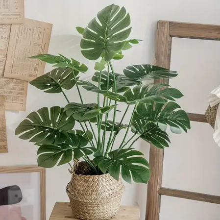 HOT SALE!!!! ARTIFICIAL/FAUX HOME DECOR MONSTERA PLANT (80cm)- GREEN WITH MEDIUM SISAL BASKET