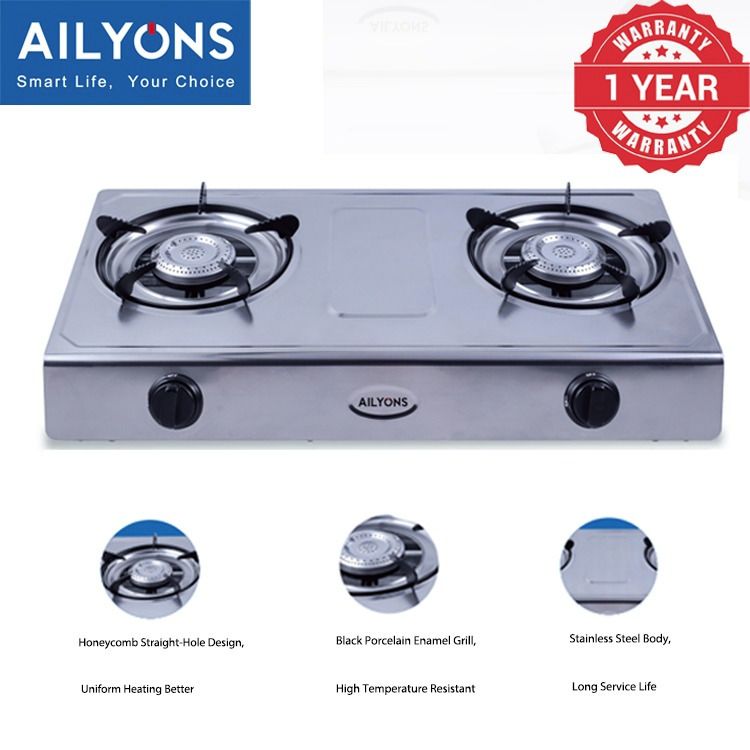 AILYONS LYNS Table Top Stainless Steel 2 Burner Gas Cooker Plus 6kg Regulator And Pipe -Ailyons 2-Burner Gas Stove – Compact and Efficient Dual Burner Cooktop for Fast and Convenient Cooking