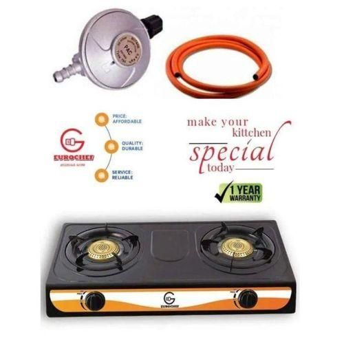 EuroChef Table Top Stainless Steel 2 Burner Gas Cooker with 6kg Regulator and Pipe – Compact and Efficient Cooking Solution for Your Kitchen